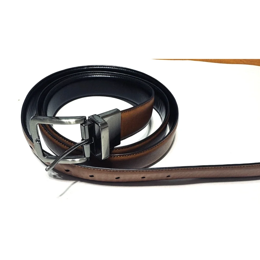 Mens Reversible Belt Black‎ Brown Vegan Leather Silver Buckle Men's Size 54 56